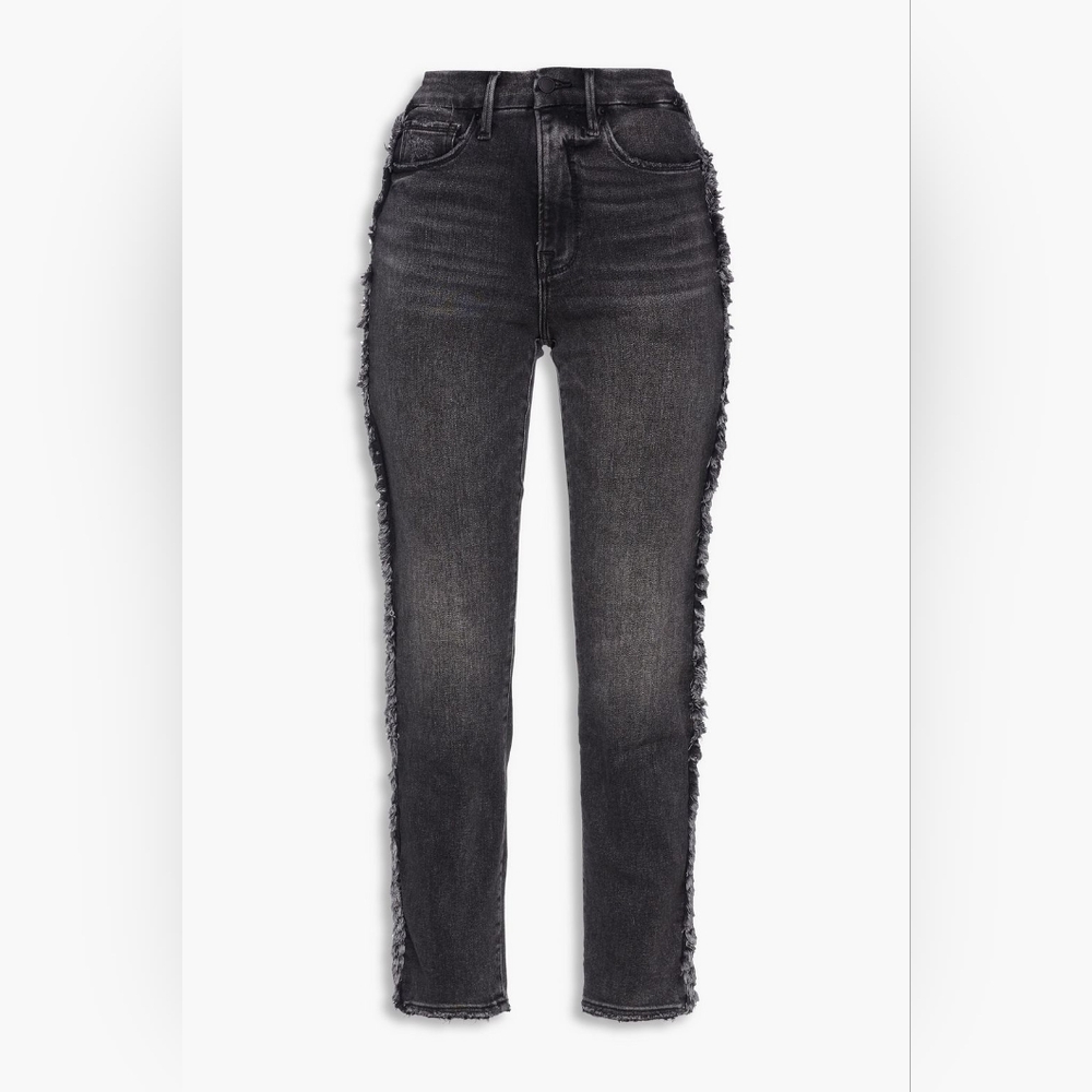 Good American Good Boy Dark Wash Frayed High Rise Slim Leg Jeans Women's Size 14 - Picture 4 of 13
